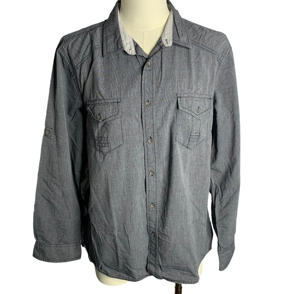 Route 66 Button Up Long Sleeve Shirt XL Grey Roll Tab Chest Pockets Cotton
